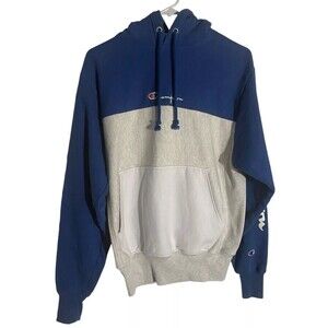 Vintage Champion Script Colorblock Hoodie Men's S White Blue Fleece Long Sleeve